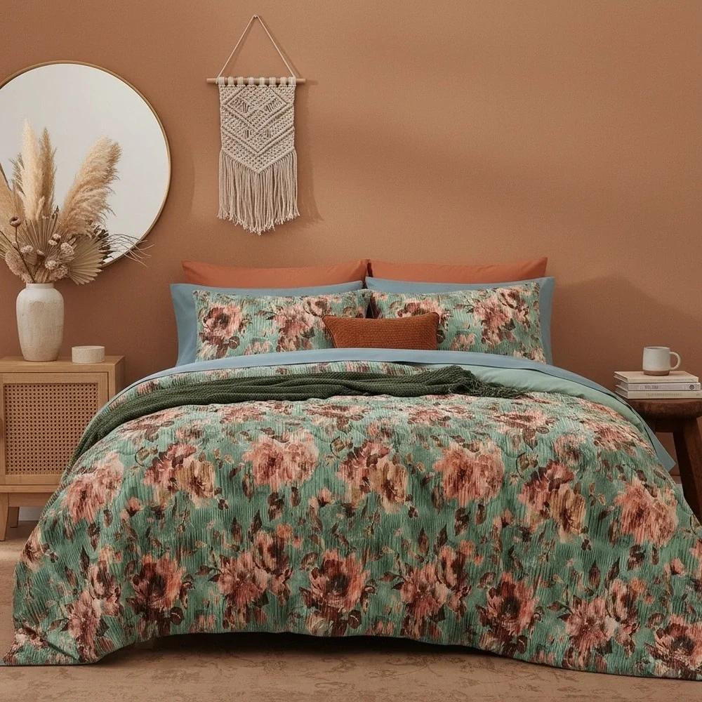 NEW Anthro 7 Piece Green Velvet Boho Queen / King Bedding Comforter & Sham Set